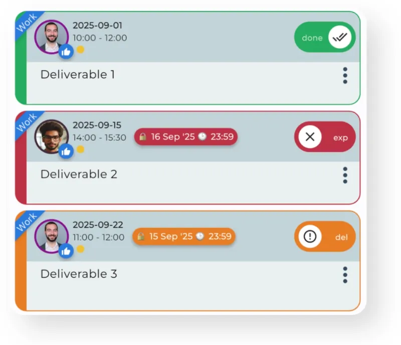 Satisplan screenshot showing one done task and two delayed tasks