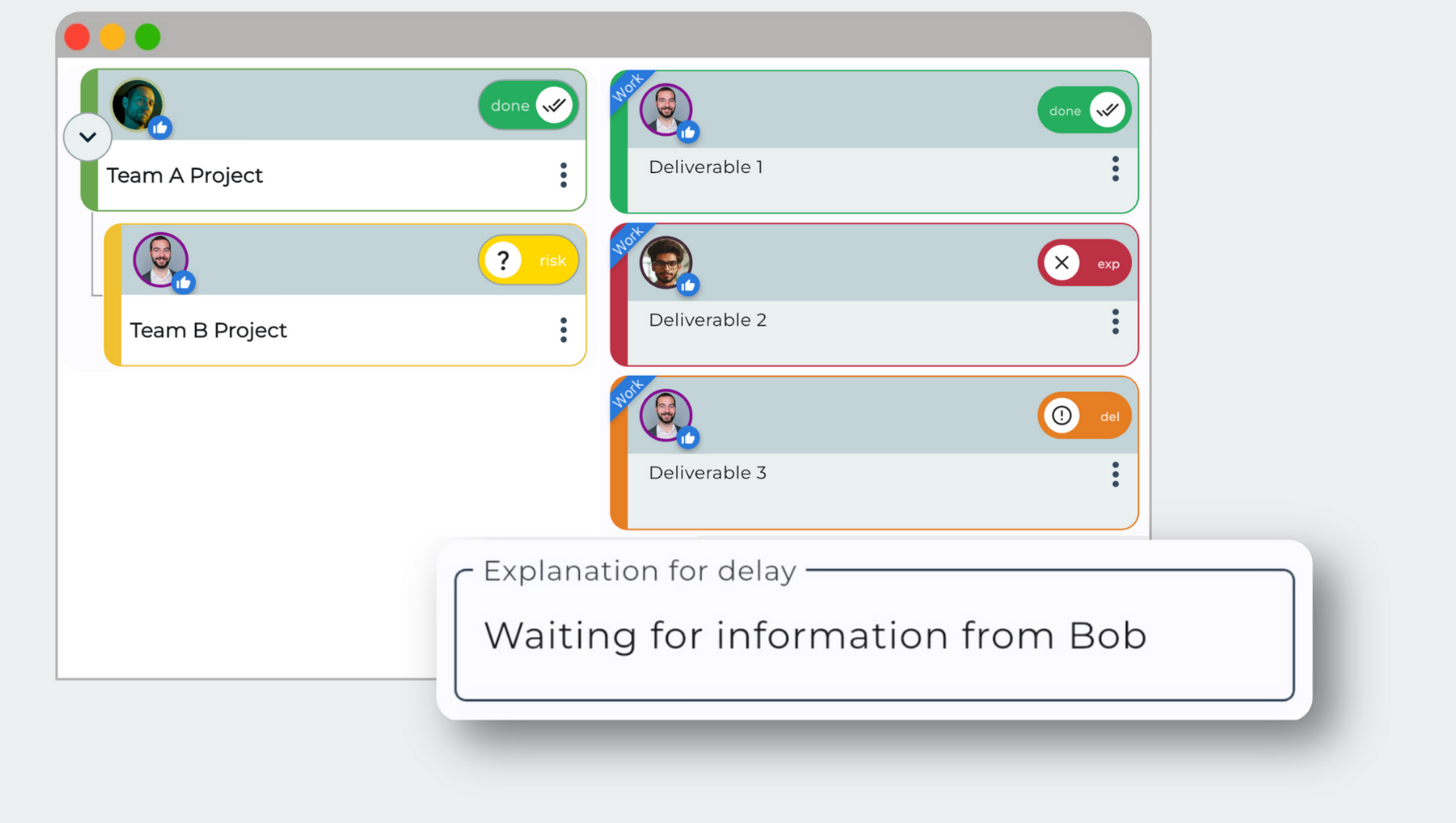 Satisplan dashboard in browser window showing the Explanation for Delay functionality