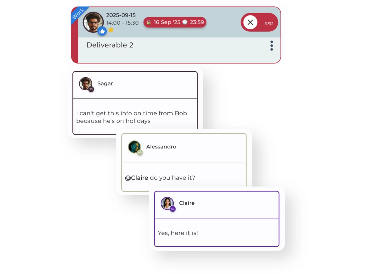 Satisplan screenshot showing topic-centric comments about a single task