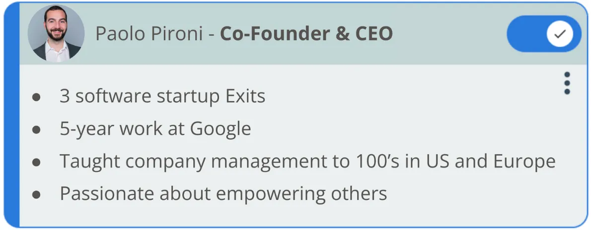 Card showing a short bio of Paolo Pironi, CEO and Co-Founder