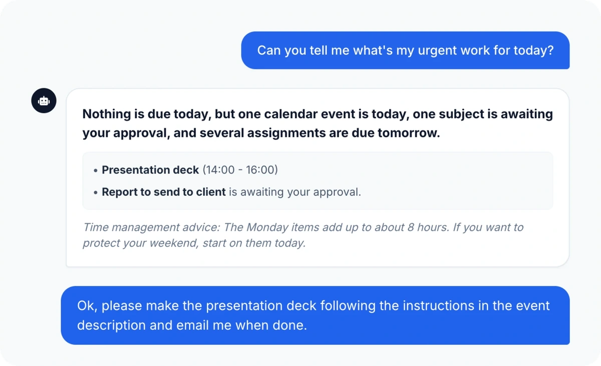 AI conversation about urgent work, a presentation and a report awaiting approval