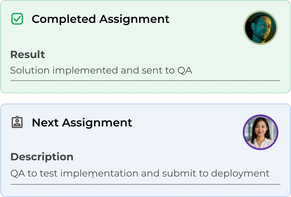 Completed assignment followed by the next assignment and its owner