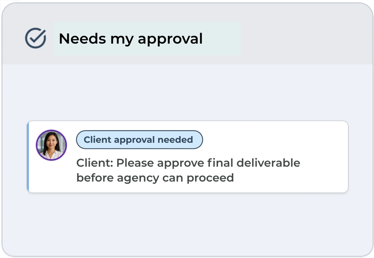 Client approval queue with a deliverable awaiting a decision