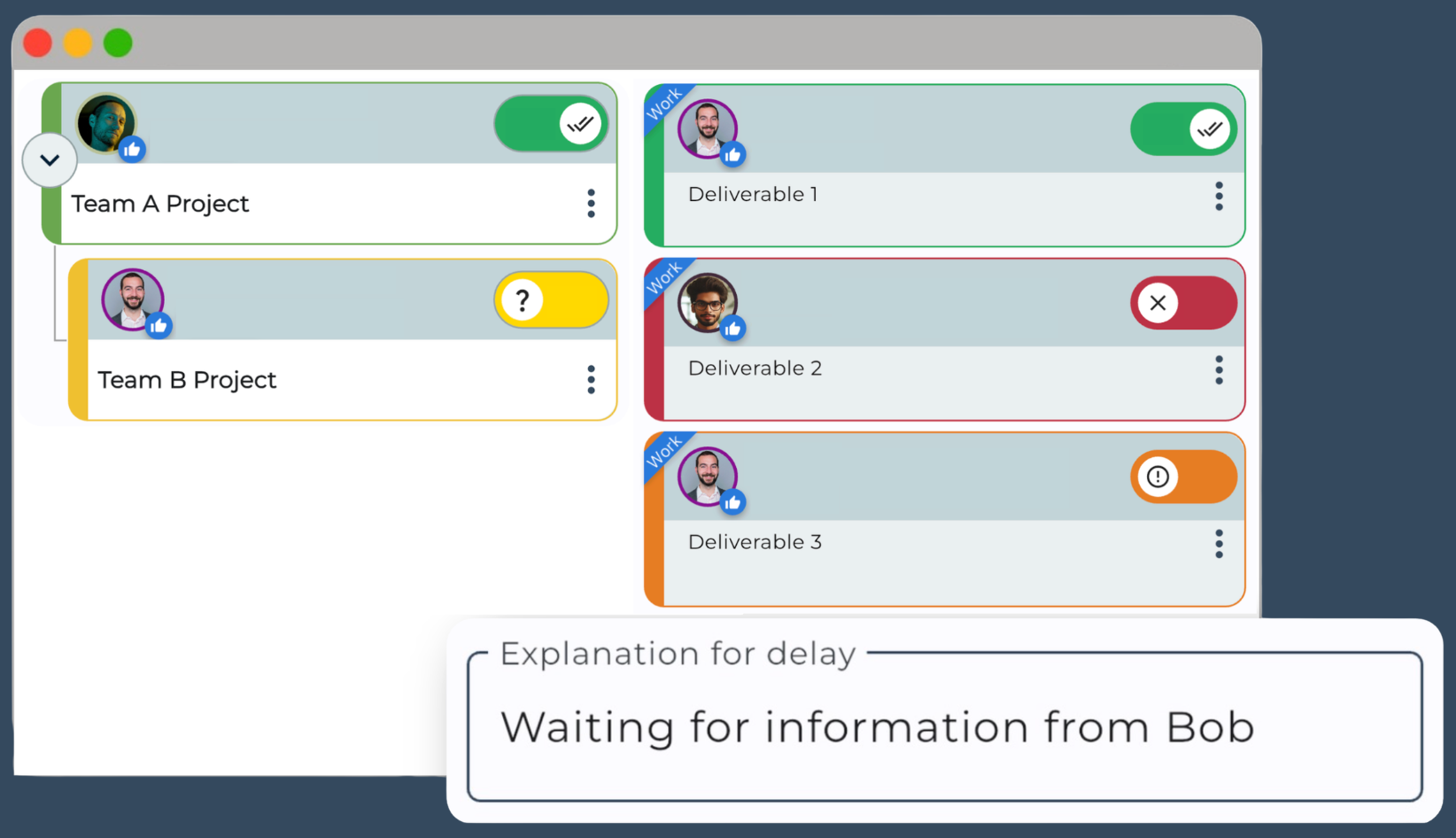Satisplan dashboard showing the explanation for a delayed task