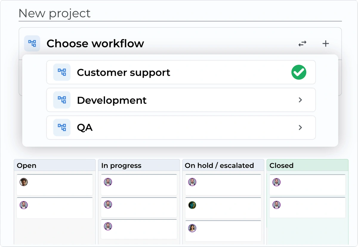 Reusable workflow selection and a board of workflow stages